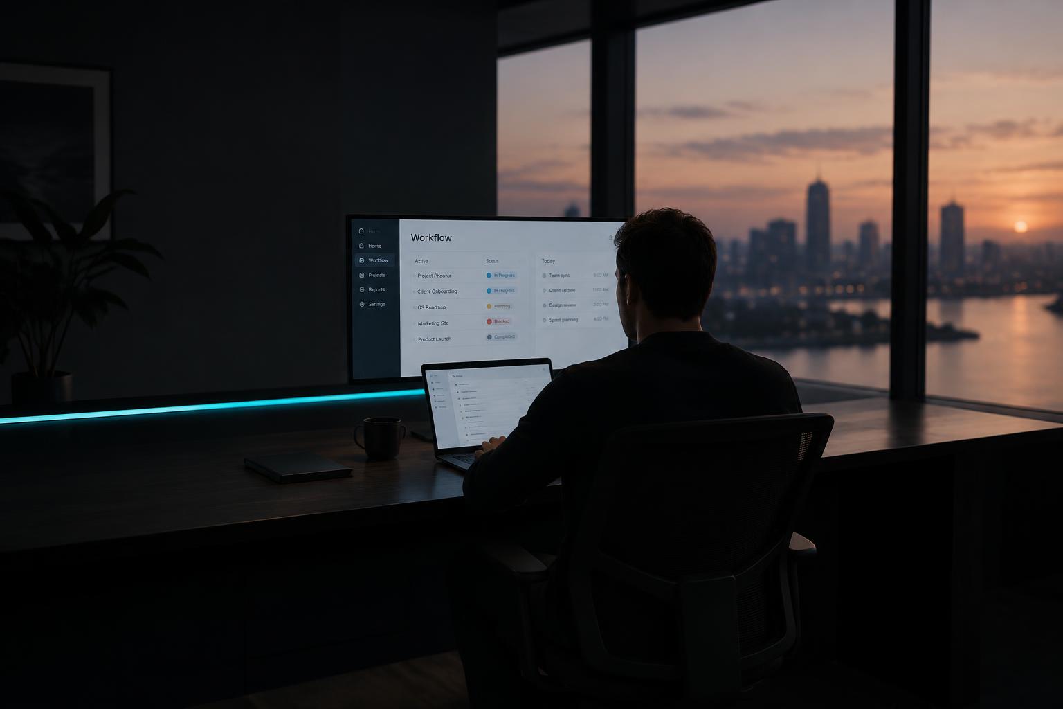 Moderner digitaler Arbeitsplatz in der Abenddämmerung: Eine Person arbeitet an Workspace, App und Automation