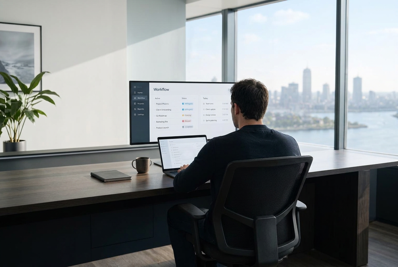 Moderner digitaler Arbeitsplatz in der Abenddämmerung: Eine Person arbeitet an Workspace, App und Automation