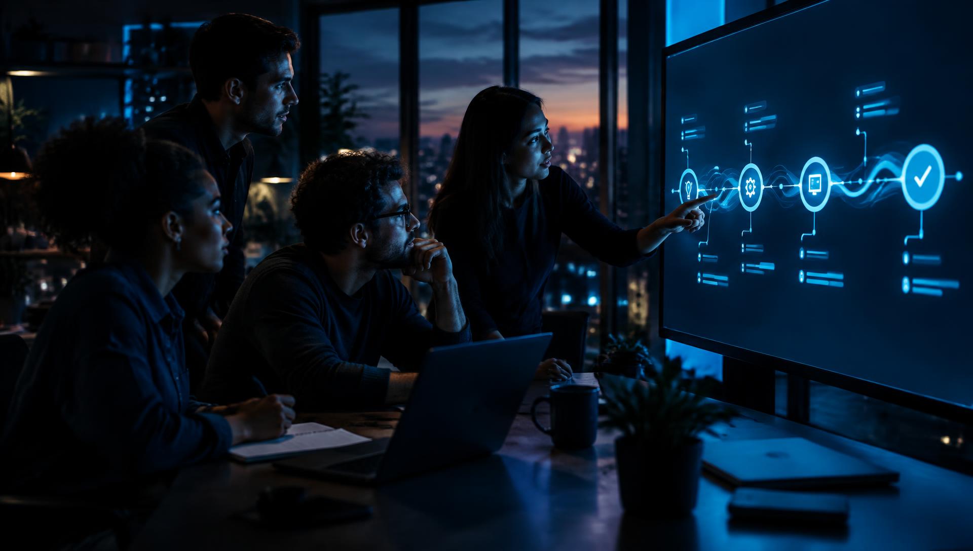 Encawa-Team bespricht gemeinsam einen digitalen Projektverlauf an einem großen Bildschirm mit Workflow-Zeitstrahl