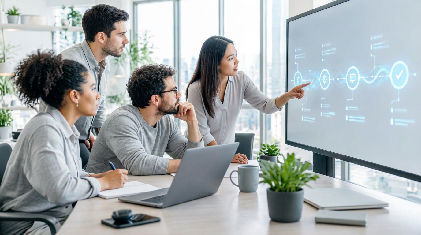 Encawa-Team bespricht gemeinsam einen digitalen Projektverlauf an einem großen Bildschirm mit Workflow-Zeitstrahl